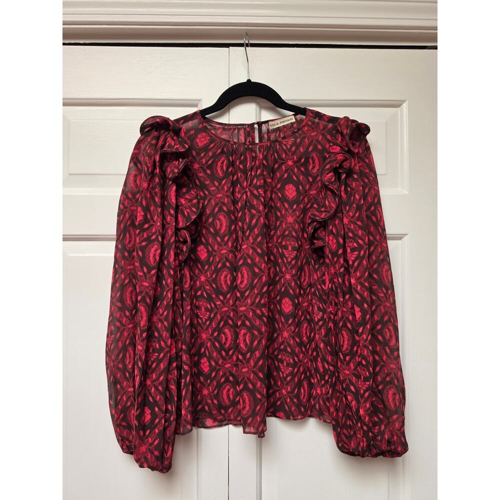 Ulla Johnson Medine Fuchsia Silk Printed Ruffled Long Sleeve Blouse Size 0 - Picture 2 of 11